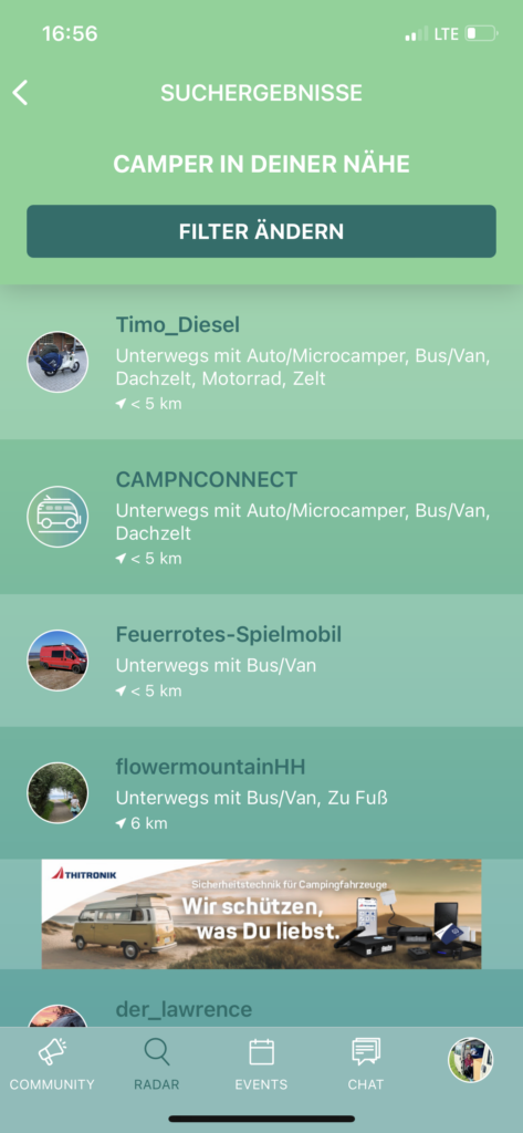 suchergebnisse vom camper radar werden als liste angezeigt