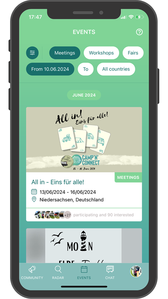 Campertreffen und Vantreffen im Eventkalender der Camp'n'Connect App