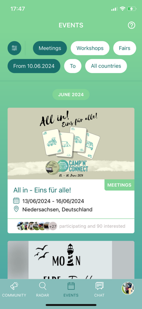 event calendar to find camper meetups, fairs and workshops inside campnconnect app