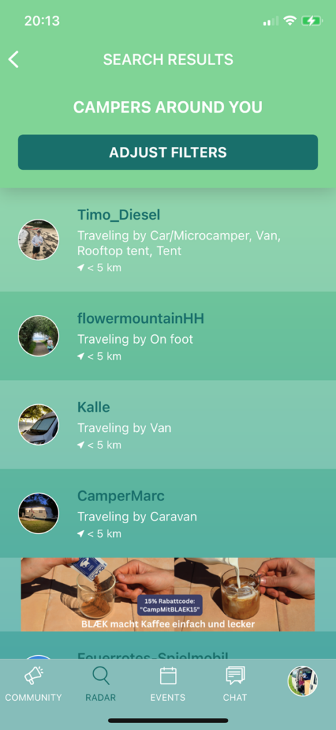 search results of campers around you as a list